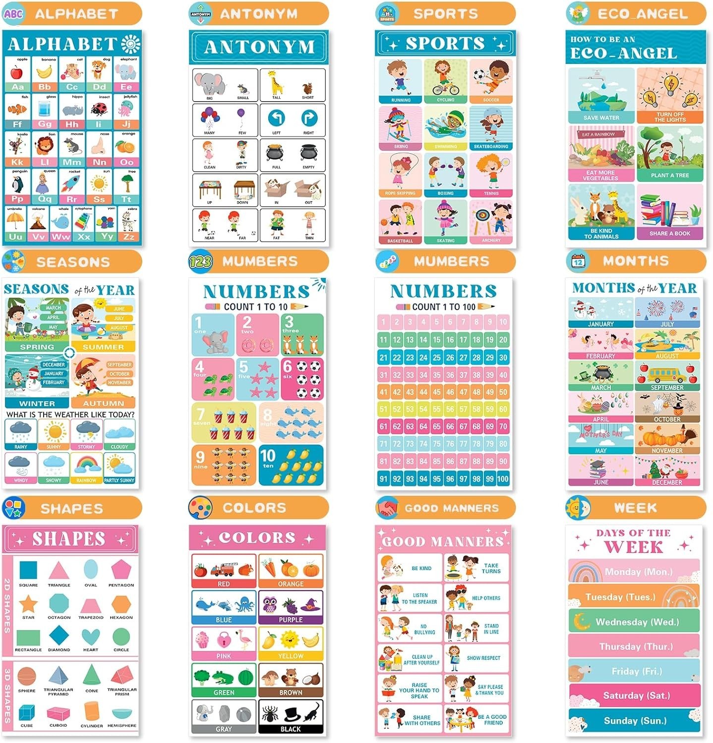 20 Vibrant Laminated Educational Posters for Toddlers 1-3 – Interactive Learning