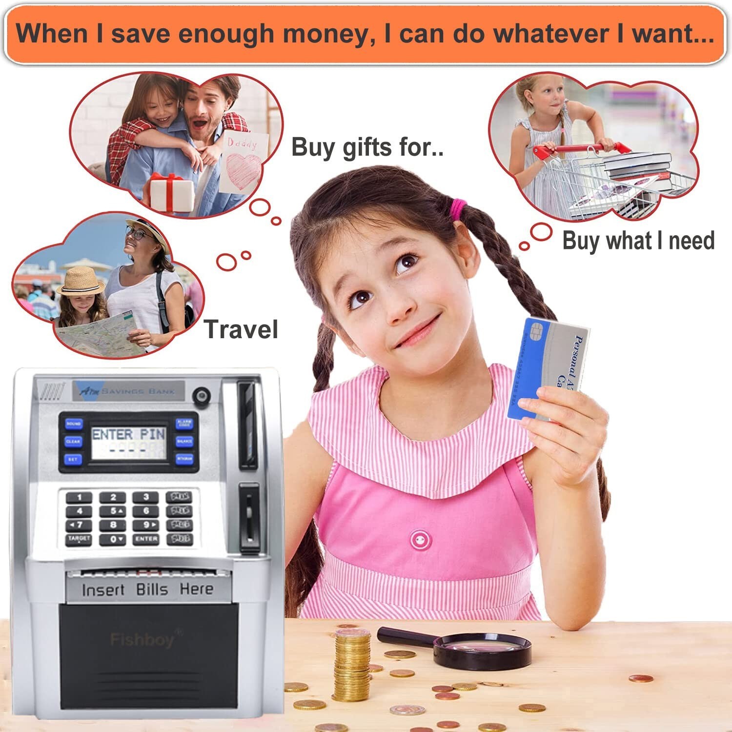 Fishboy ATM Piggy Bank for Kids with Power-Off Memory and Debit Card for Real…