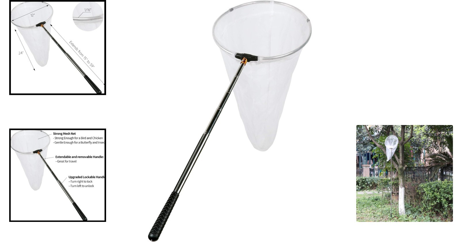 Durable Multi-Color Insect & Butterfly Net – 12″ Ring, 59″ Extendable Handle