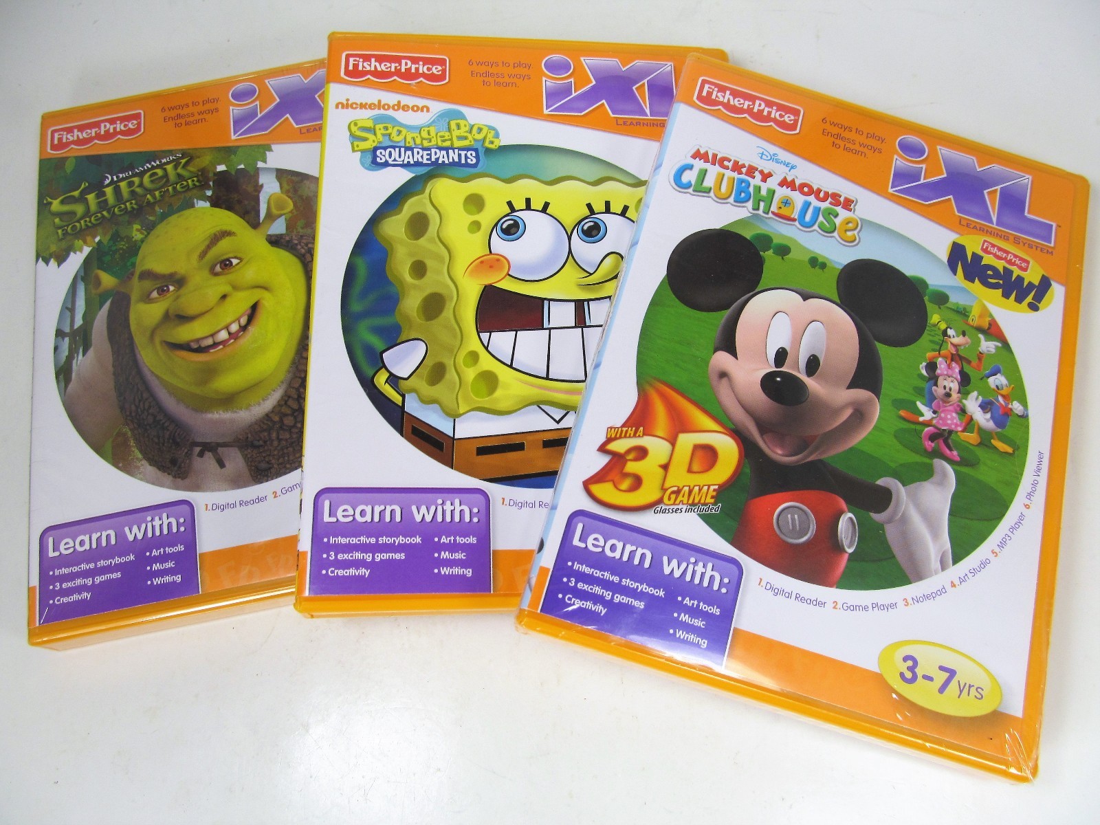 Fisher Price IXL Set of 3 Factory Sealed 3-7 years Shrek Spongebob Mickey Mouse