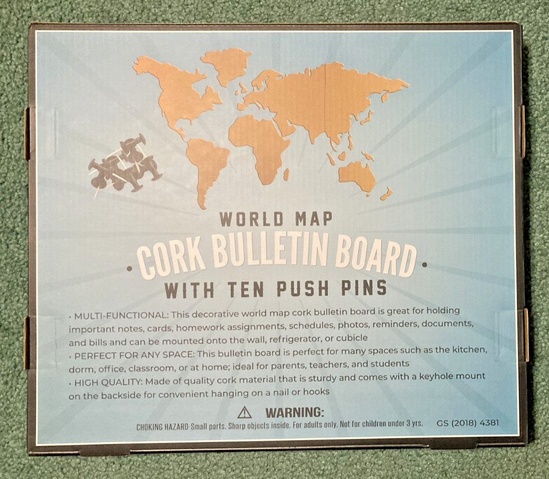 ‘World Map’ Cork Bulletin Board w/10 Push Pins – BRAND NEW IN BOX