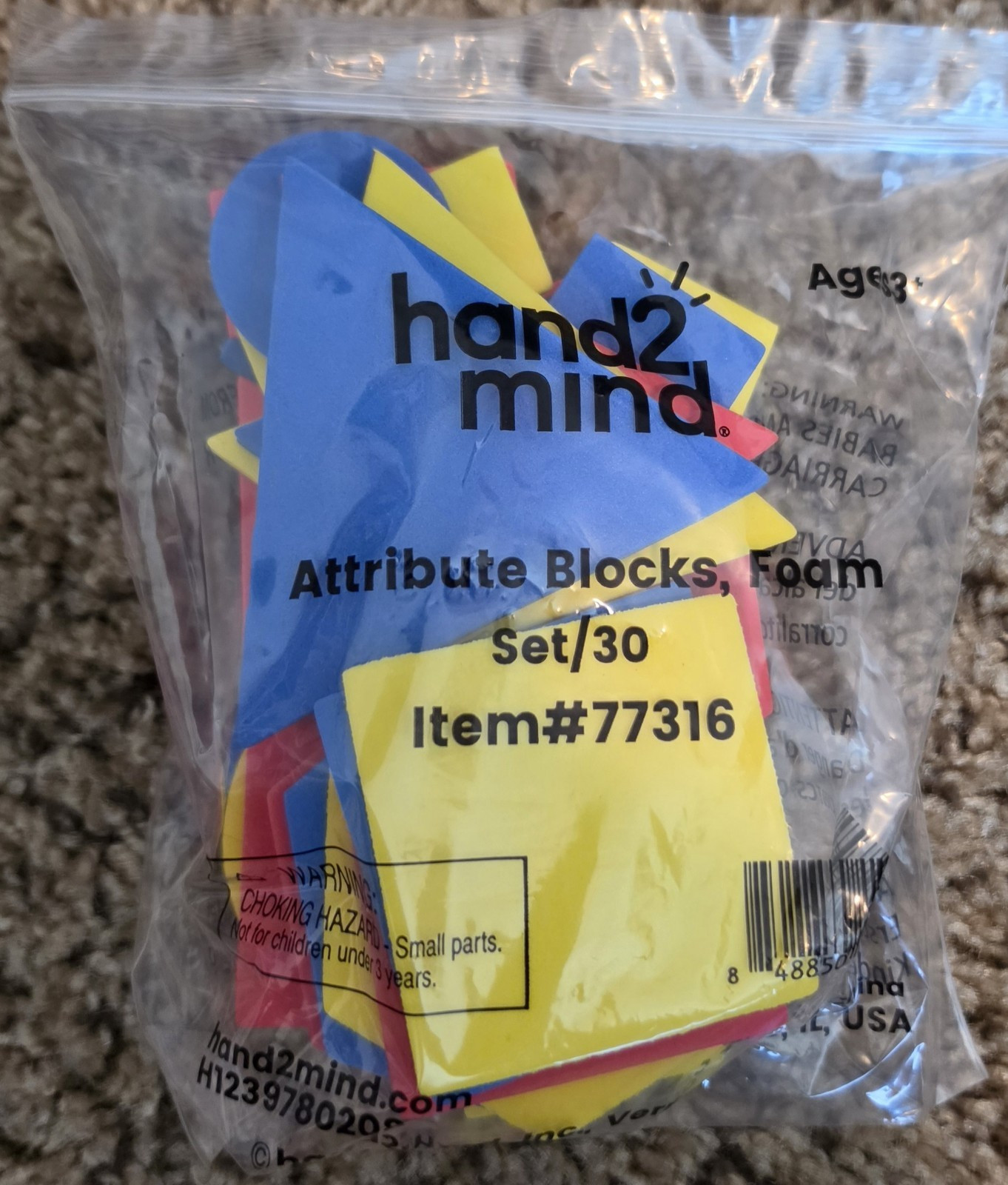 hand2mind Attribute Blocks Foam Set/30 Math, Yellow Blue Red, Age 3+