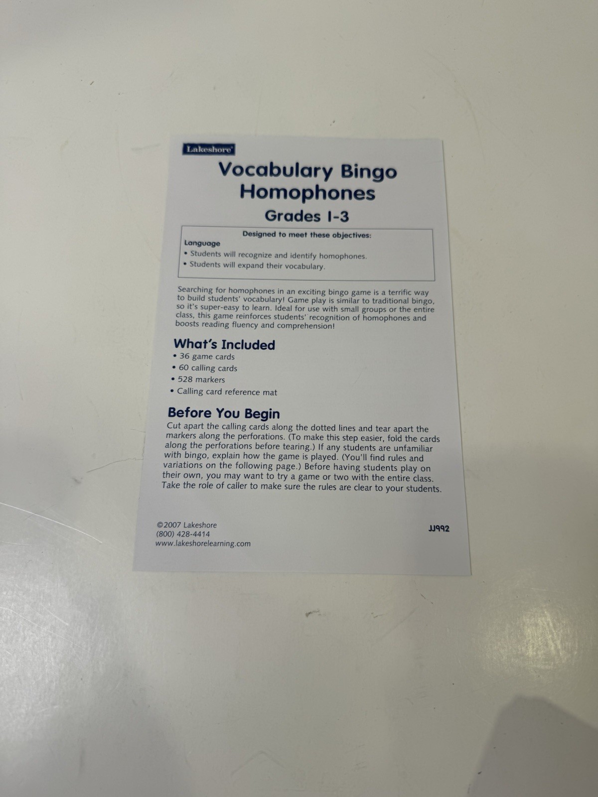 Lakeshore Homophones Bingo Level 1-Up To 36 Players- English ELA ELS JJ992