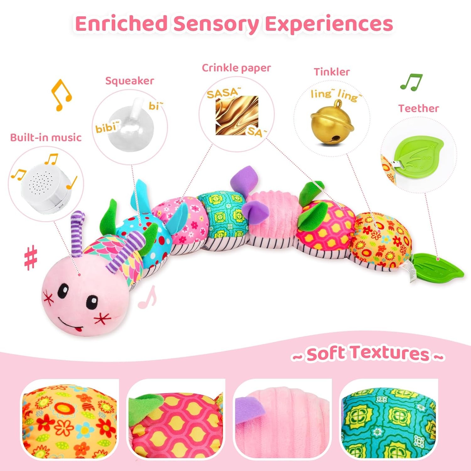 Baby Toys 0-12 Months, Caterpillar Musical Plush Stuffed Toy for Infant, pink