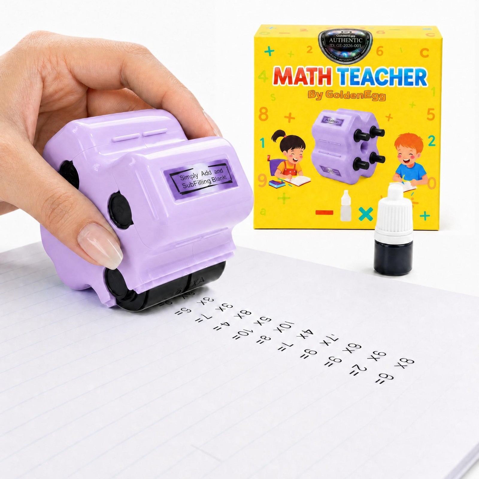 Math Teacher 4-in-1 Stamp Roller for Kids Ages 3-10 (Purple)
