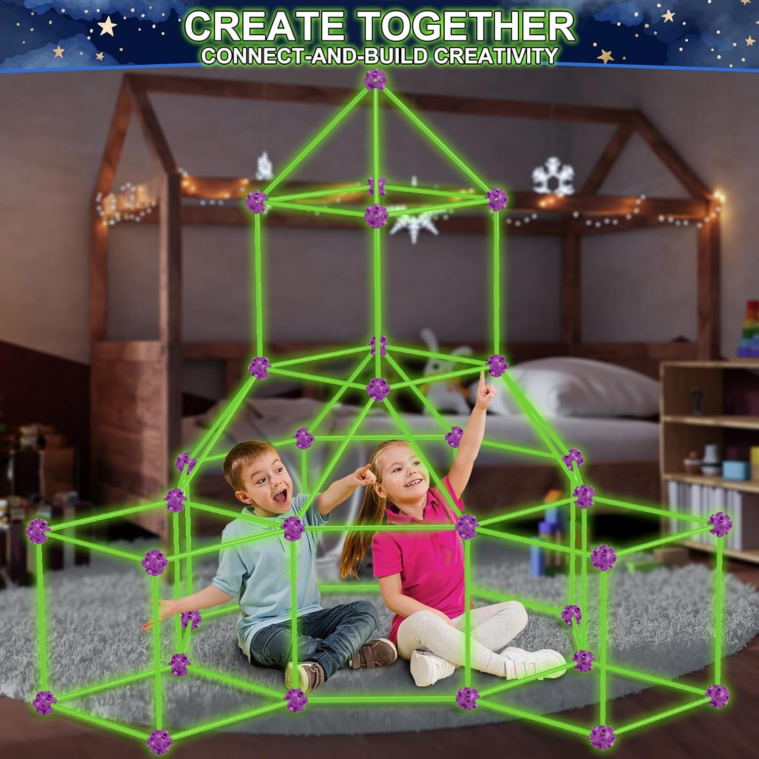 140 PCS Glow Fort Kit Kids STEM Toy DIY Castle Tunnel Tent Boys Girls Age 4-10