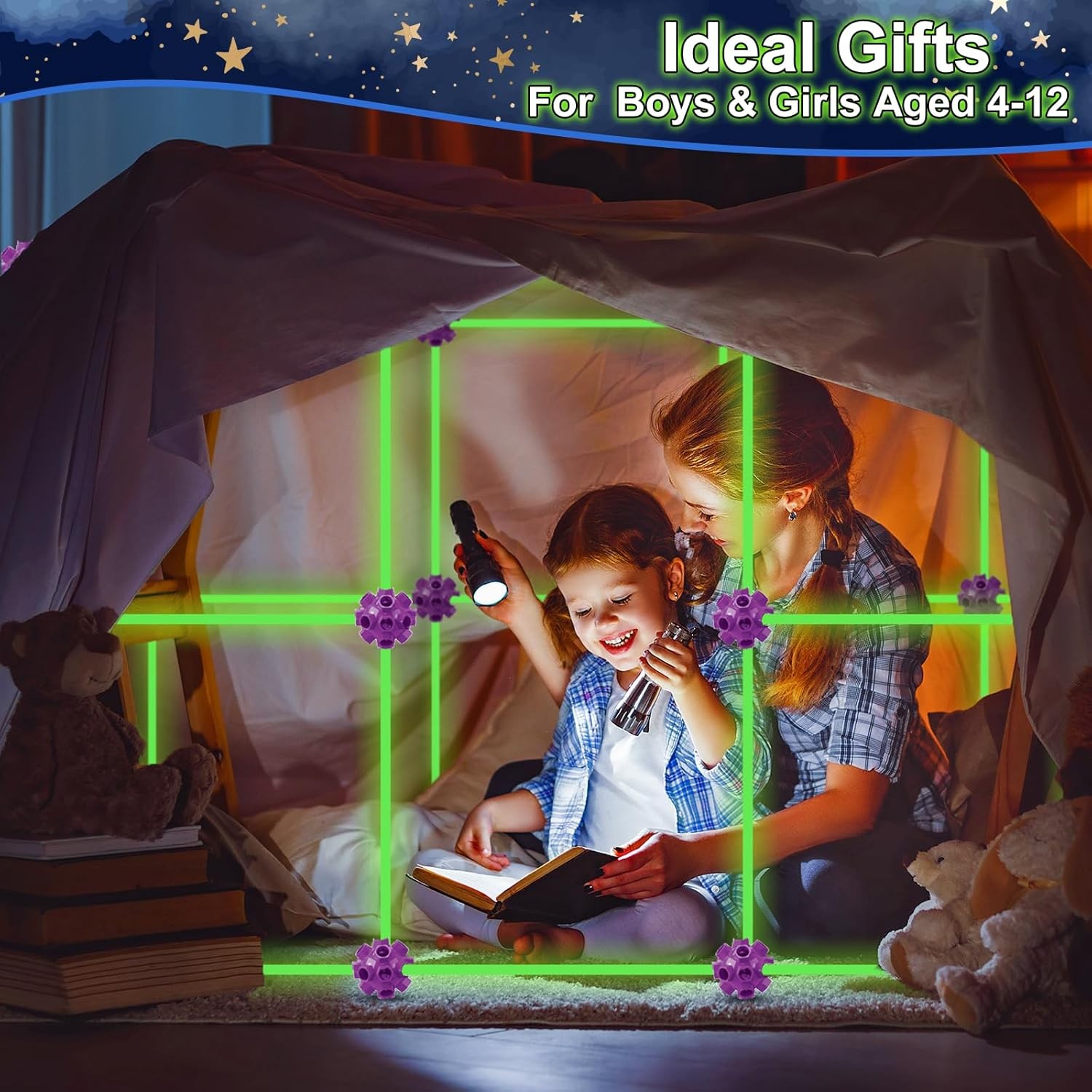 140 PCS Glow Fort Kit Kids STEM Toy DIY Castle Tunnel Tent Boys Girls Age 4-10