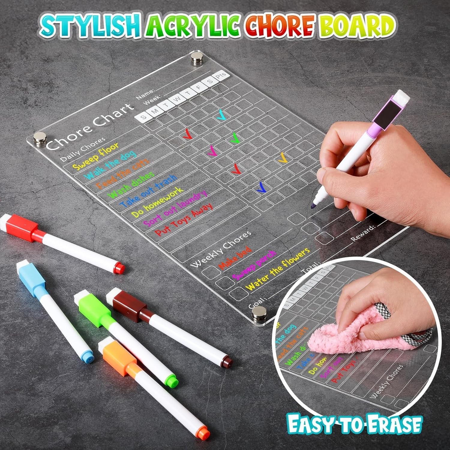 Acrylic Magnetic Chore Chart for Kids,Chores 12 x 8 inch, White-1 Pack