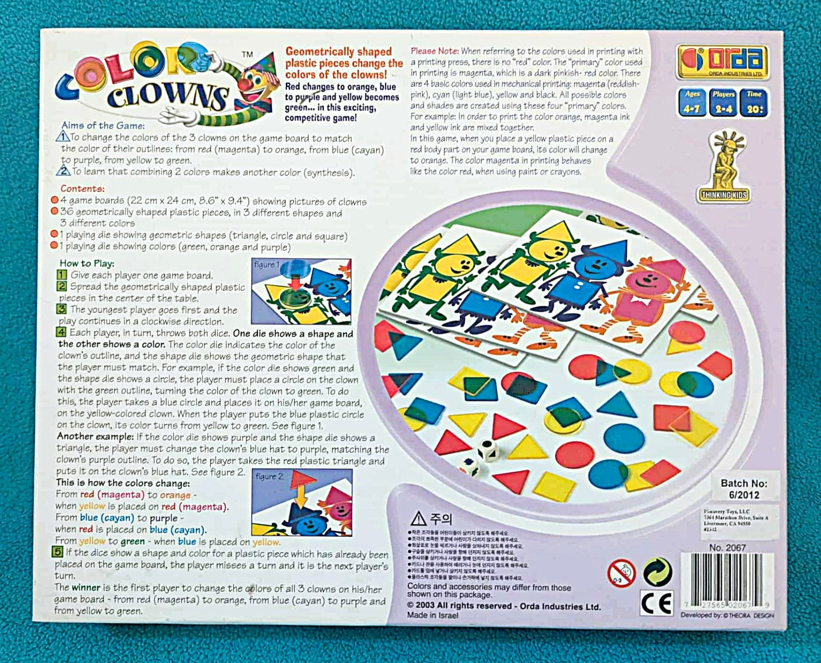 ORDA COLOR CLOWNS Geometric Tile Game~Discovery Toys~Ages 4-7~Plastic Shapes~EUC