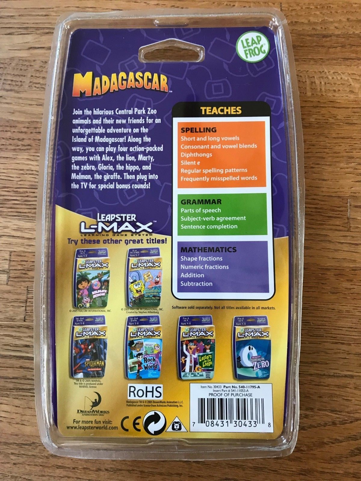 NEW Leapfrog Leapster L-Max Learning Madagascar Game Spelling Grammar Math NIP