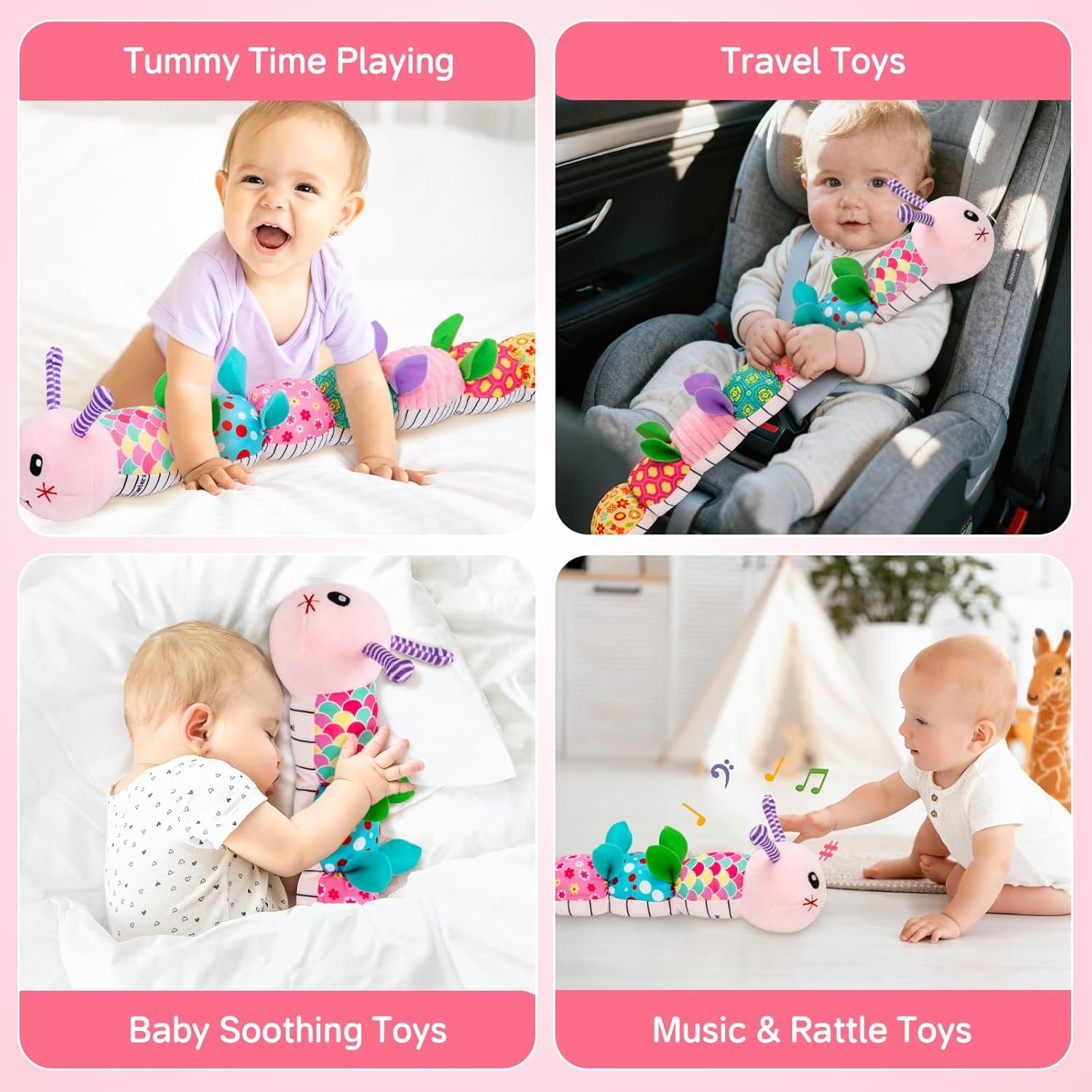 Baby Toys 0-12 Months, Caterpillar Musical Plush Stuffed Toy for Infant, pink