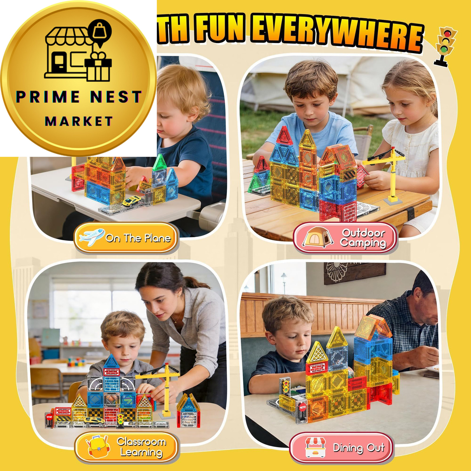 Magnetic Tiles – Construction Toys, 53pcs, Red, Blue, Yellow, Green, Etc.