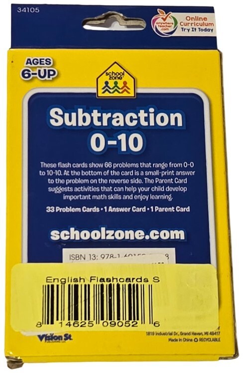 School Zone Subtraction 0-10 Flash Cards Math Grades 1-2 Ages 6 and Up Kids NEW