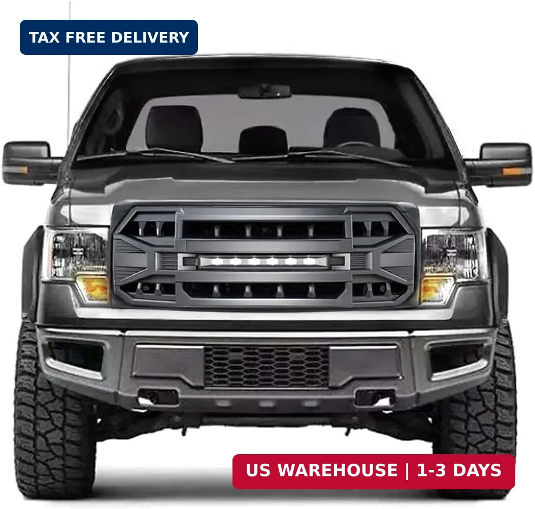 Front Grill Replacement for Ford F150 2009-2014 Matte Black Bumper Grille w/LED