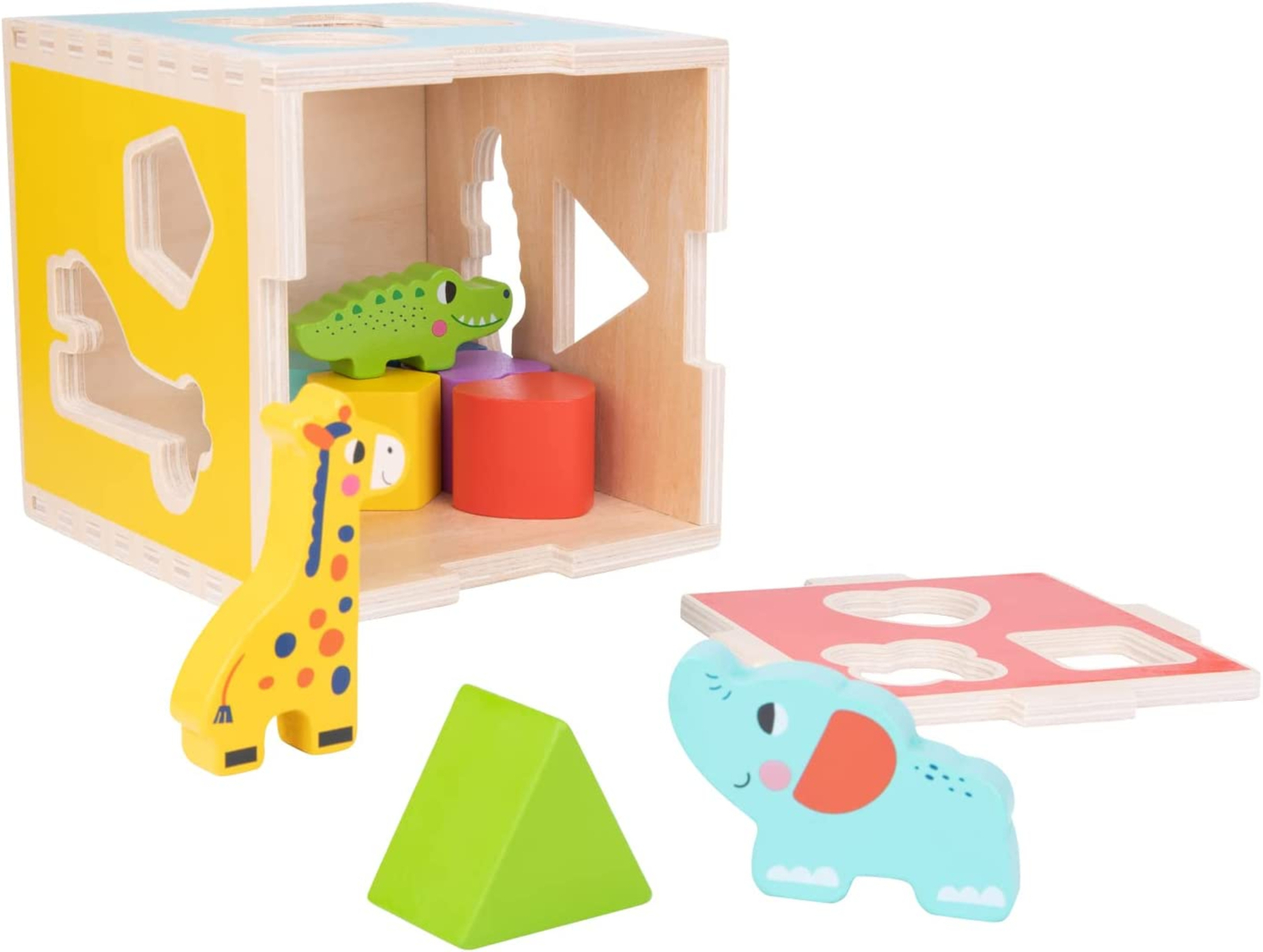 TOOKYLAND Wooden Shape Sorting Cube – Toy with Animal and Geometric Blocks, 12m+