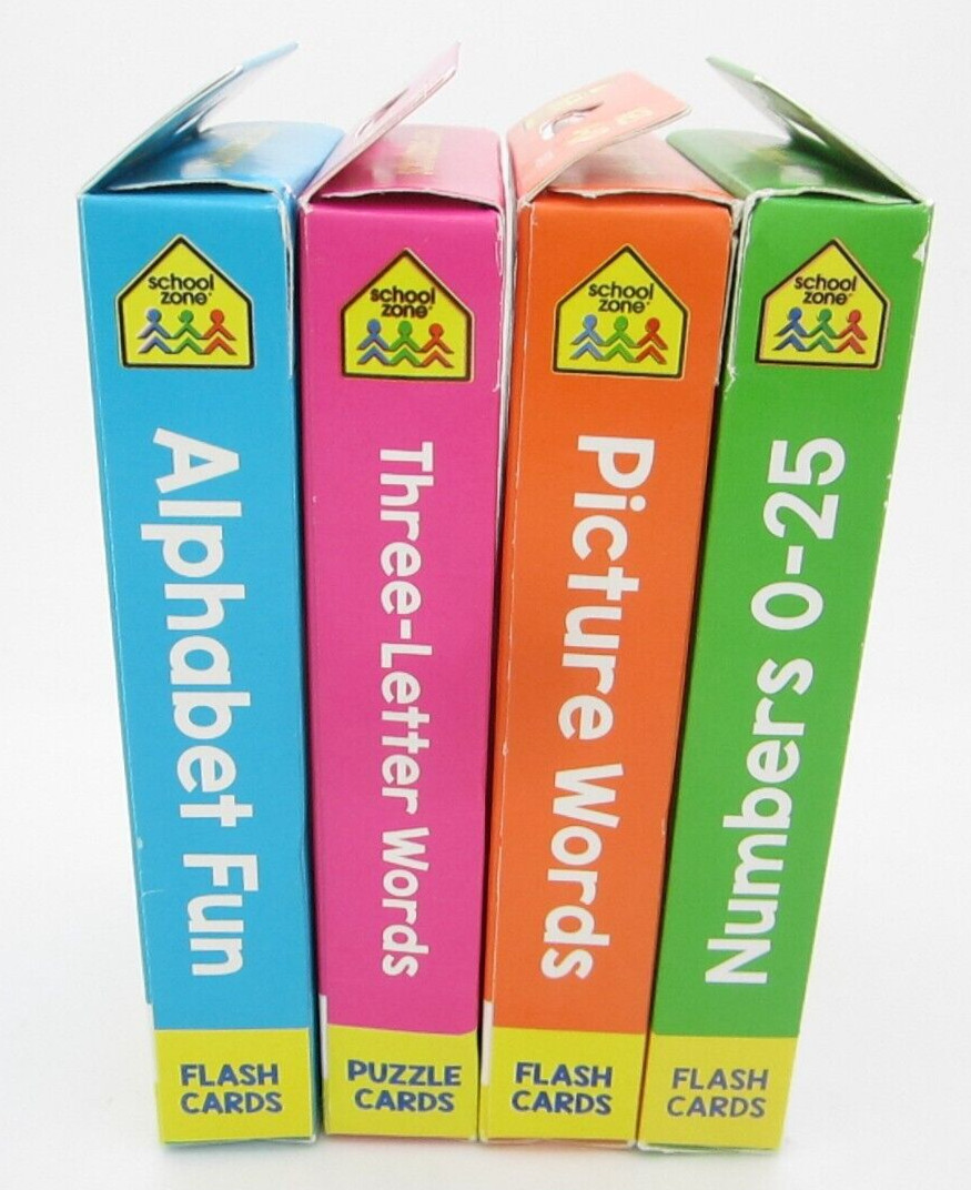 School Zone Flash Cards 4 Pack Alphabet, 3 Letter Words, Picture Words, & Number