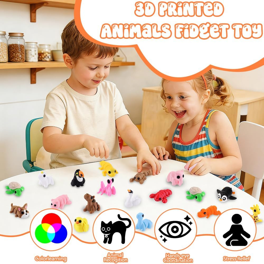 50 Pcs Mini 3D Printed Animal Figurines Set, Articulated Flexible Fidget Toys Cu