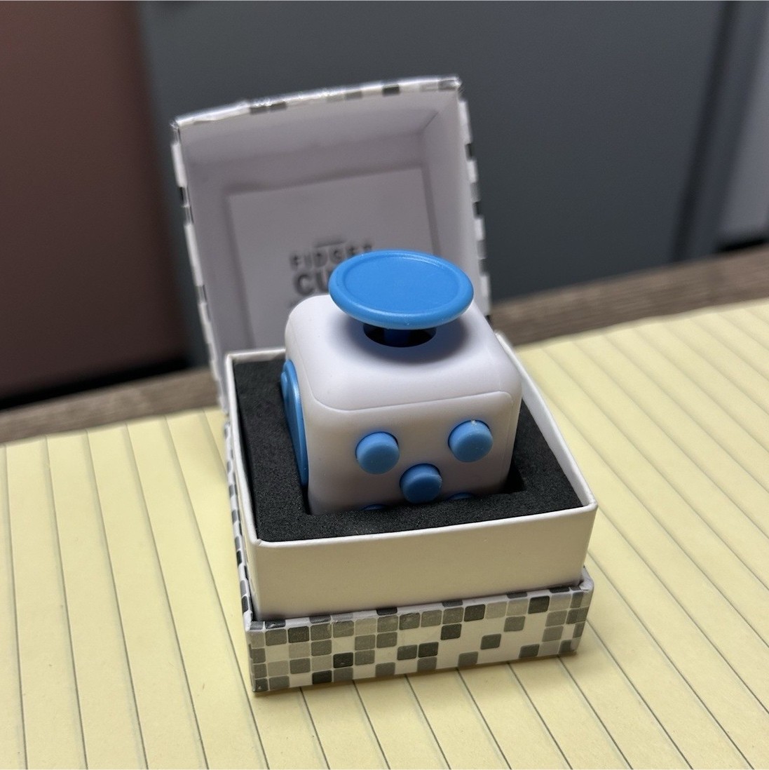 Blue & White/Gray Fidget Cube Tactile Sensory Toy in Box, Age 17+