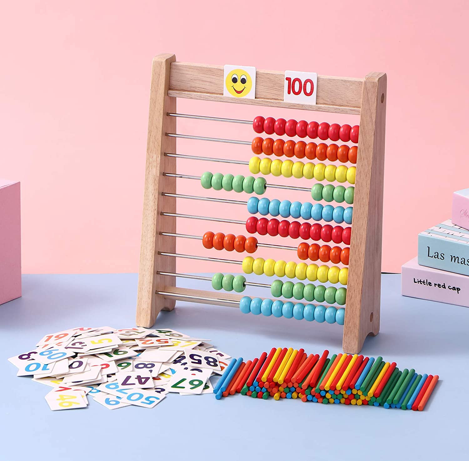 Wooden Abacus for Kids – 100 Counting Sticks and Number Toys Cards 1-100, Educat