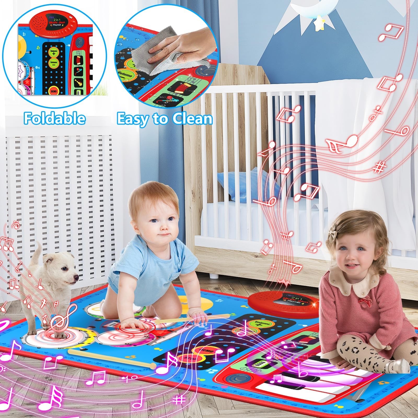 2-in-1 Musical Mat Toys for 1 2 3 4 5 Year Old, Piano Keyboard & Drum Set with 2