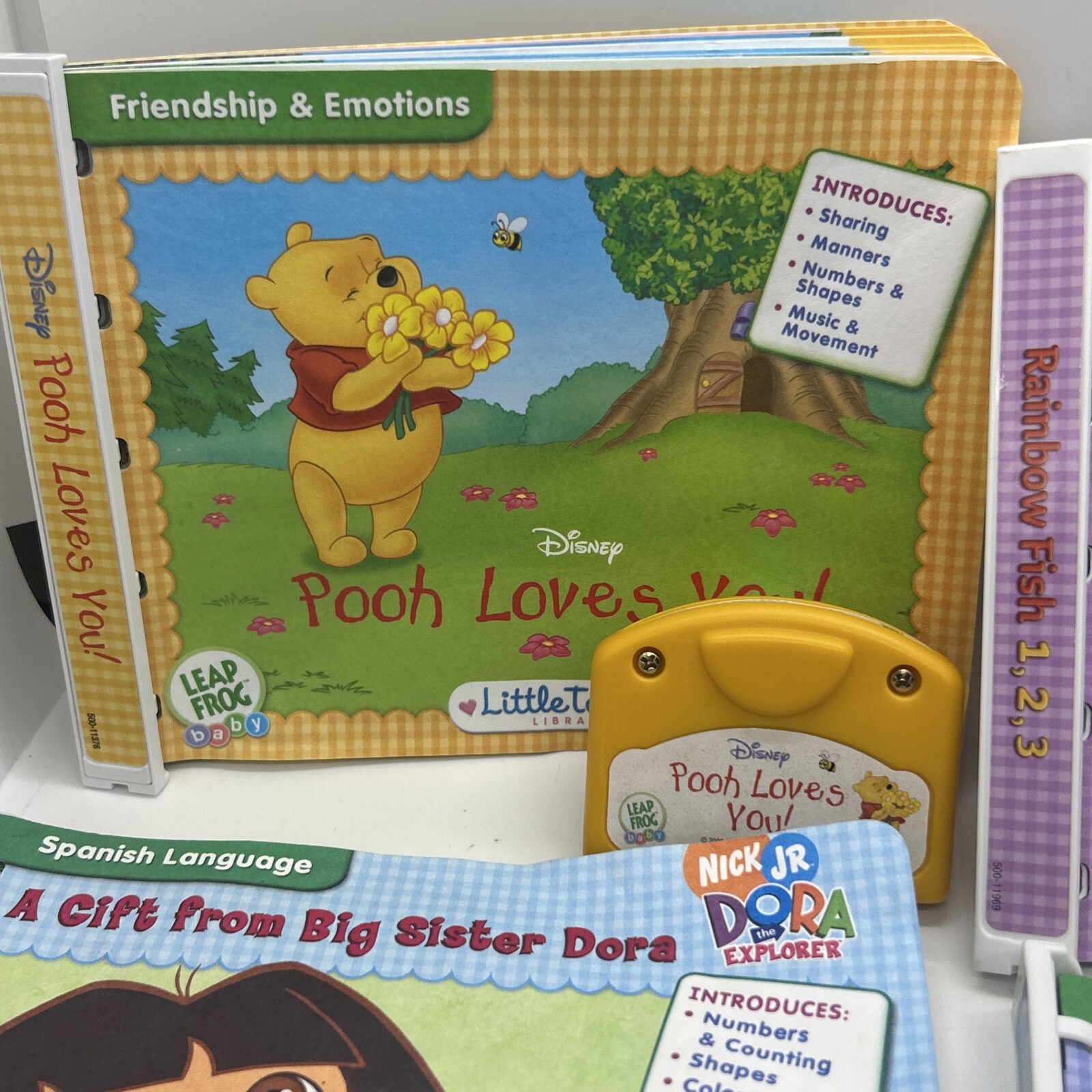 Leap Frog Baby 4 Pack Dora, Rainbow Fish, Disney Pooh, & If I Were Books & Cartr