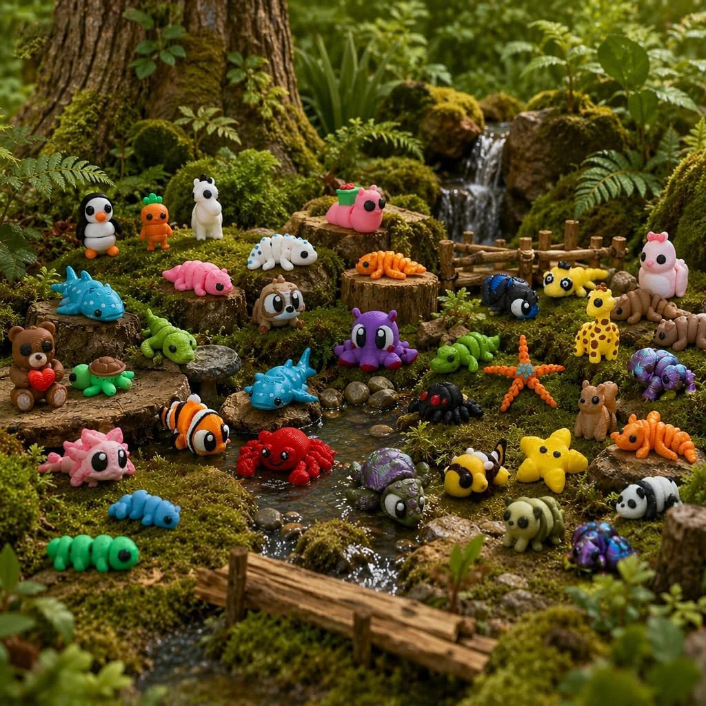 50 Pcs Mini 3D Printed Animal Set, Articulated Flexible Cute Animal Surprise 3D