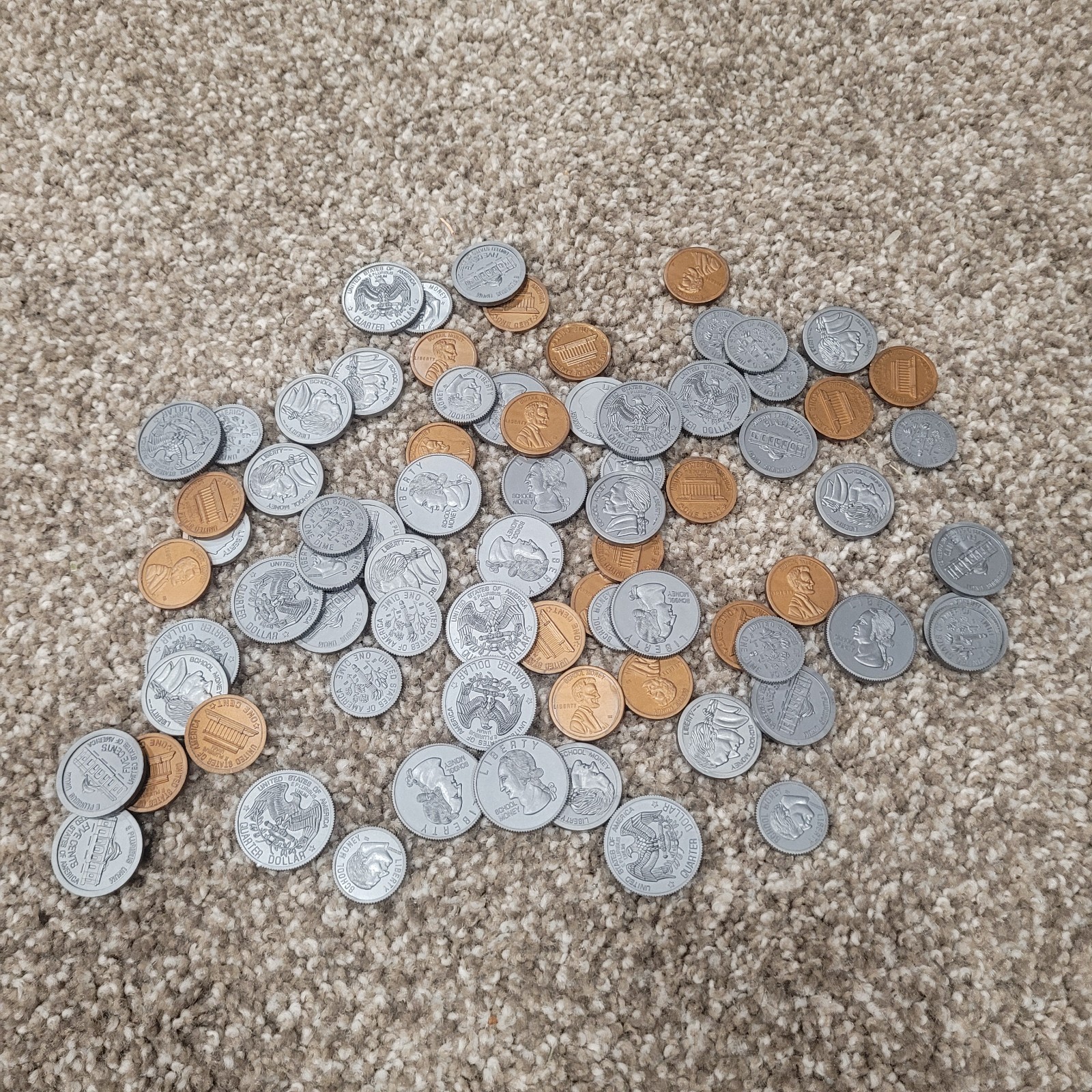 Assorted Play Money Toy Coins Lot – Plastic & Metal Look Alike Lot Of 77