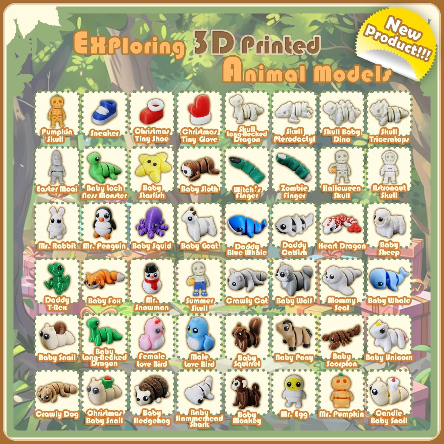 20Pcs Mini Animals Figurines Set, 3D Printed Mini Animal Tiny Things Flexible Fi