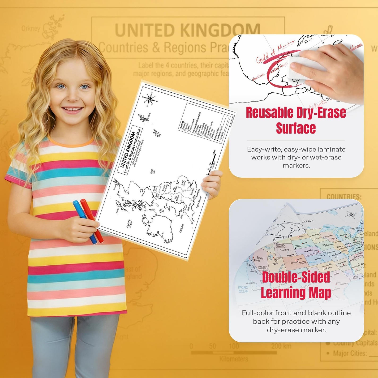 United Kingdom Poster 11×17 | Laminated Double-Sided Geography Chart with Col…