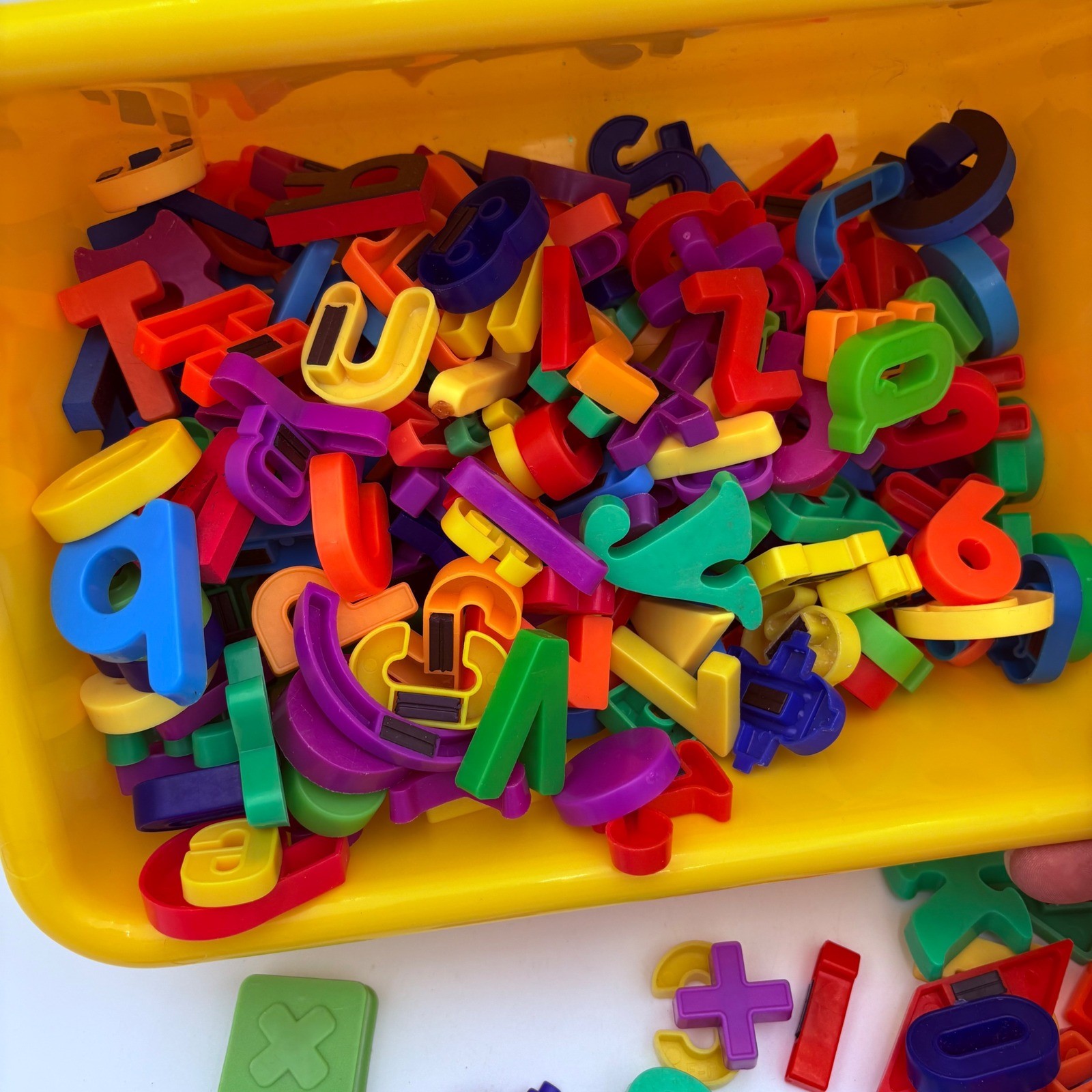 Magnetic letters, numbers, symbols, huge lot, 3 lbs. in plastic bin plastic foam