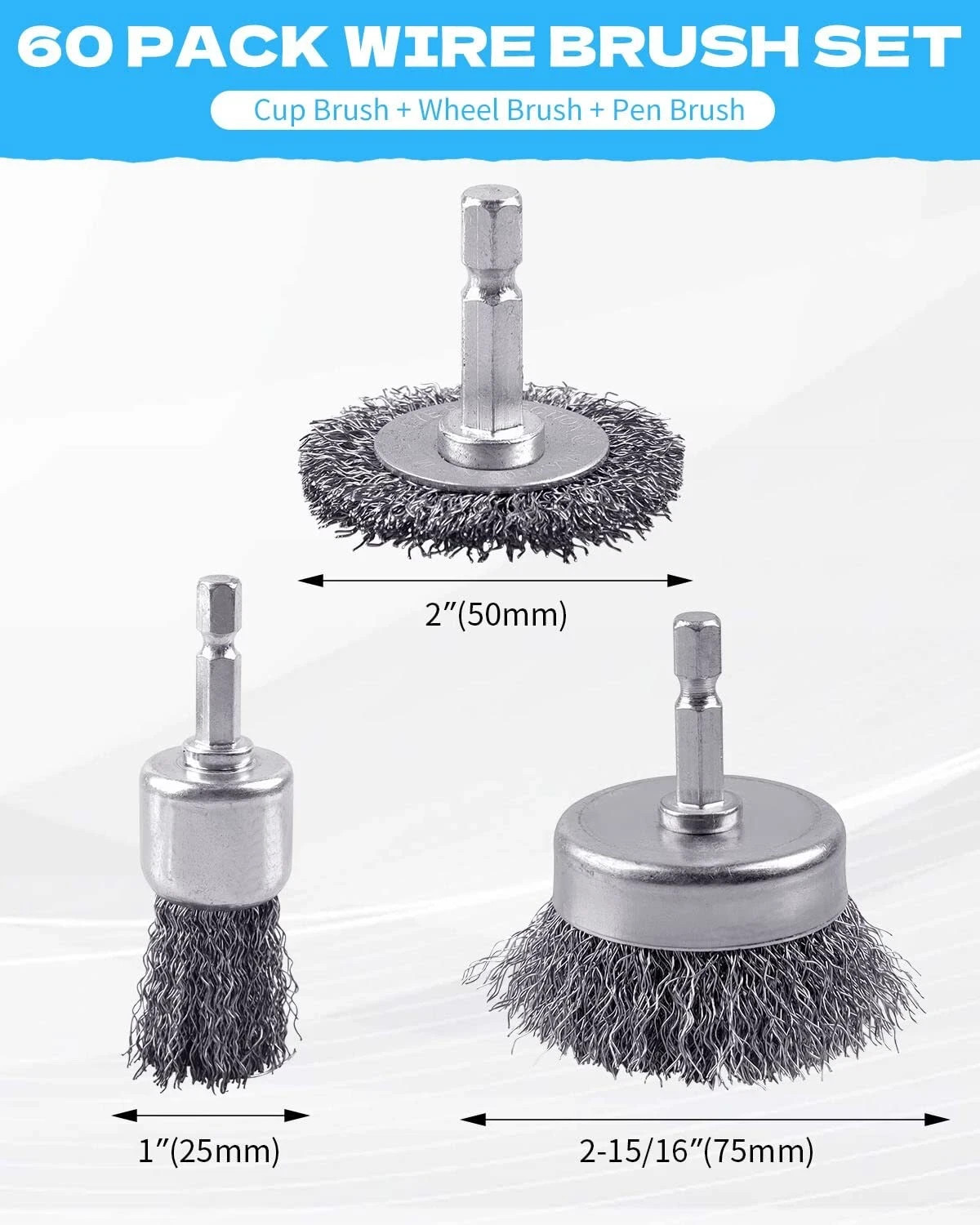 60 Pack Rocaris Carbon Steel Wire Wheel Brush Set – Cup, Wheel, and Pen Brushes