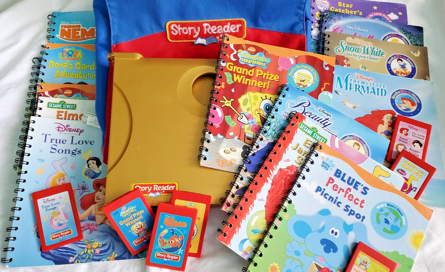 Story Reader System Lot-14 Books-7 Cartridges-Backback-Disney, SpongBob More