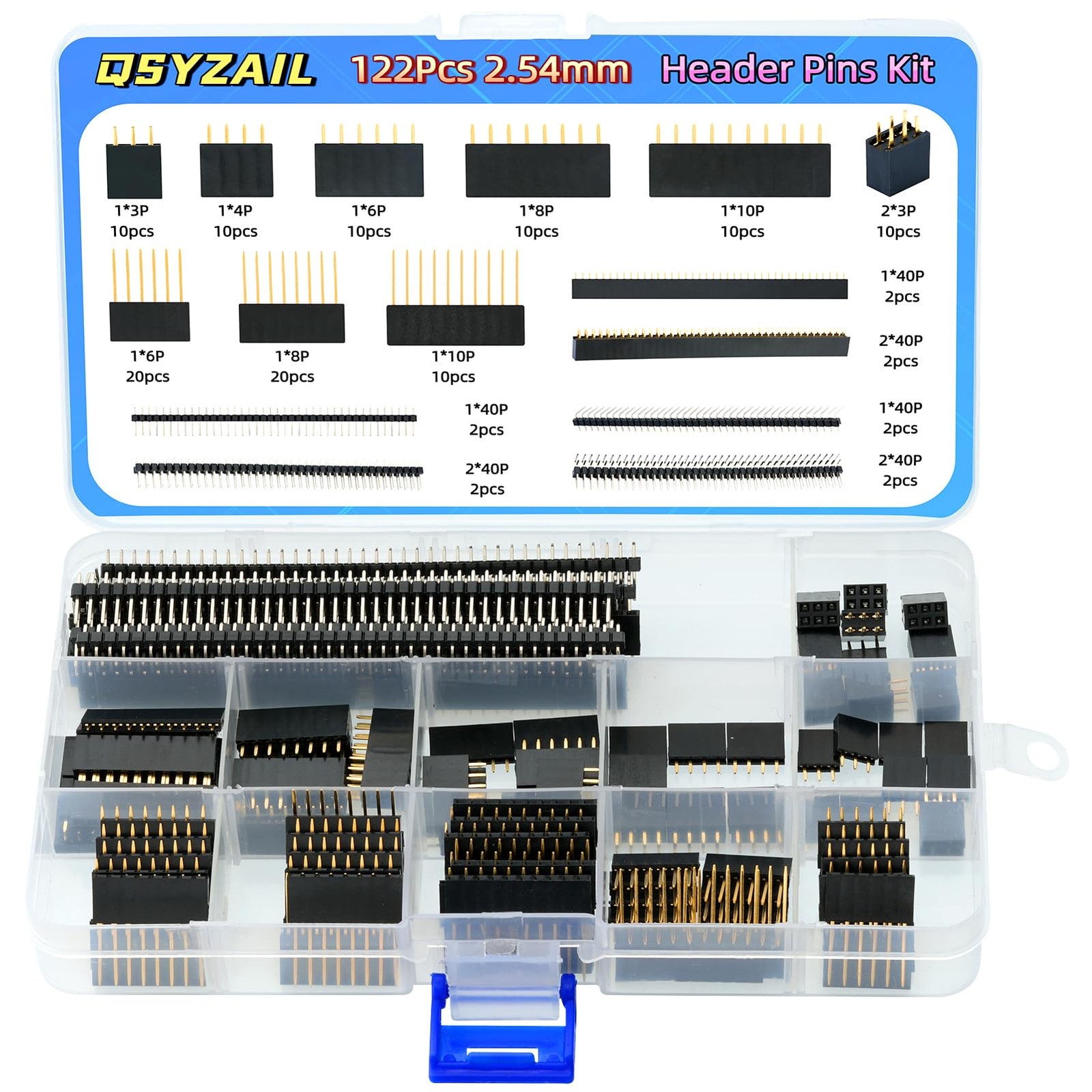 122 Pcs 2.54mm Female Header Pins Kit 3 4 6 8 10 40 Pin PCB Connector Set