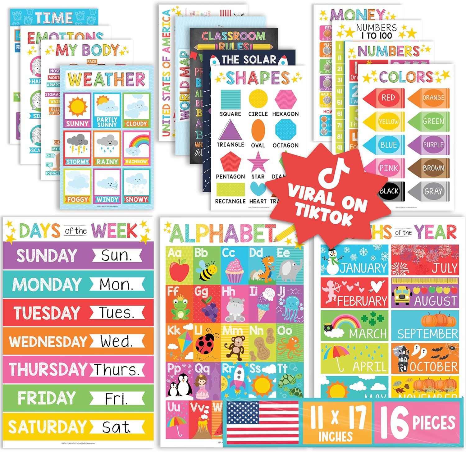 16 Educational Posters for Classroom Must Haves – Laminated Pre-K Posters for To