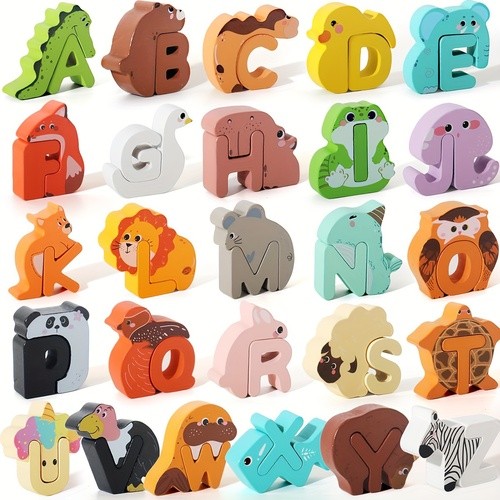 52PC Matching Game, Wooden Alphabet Animal Puzzles ABC Peg Puzzles f/Age 3+ Kids