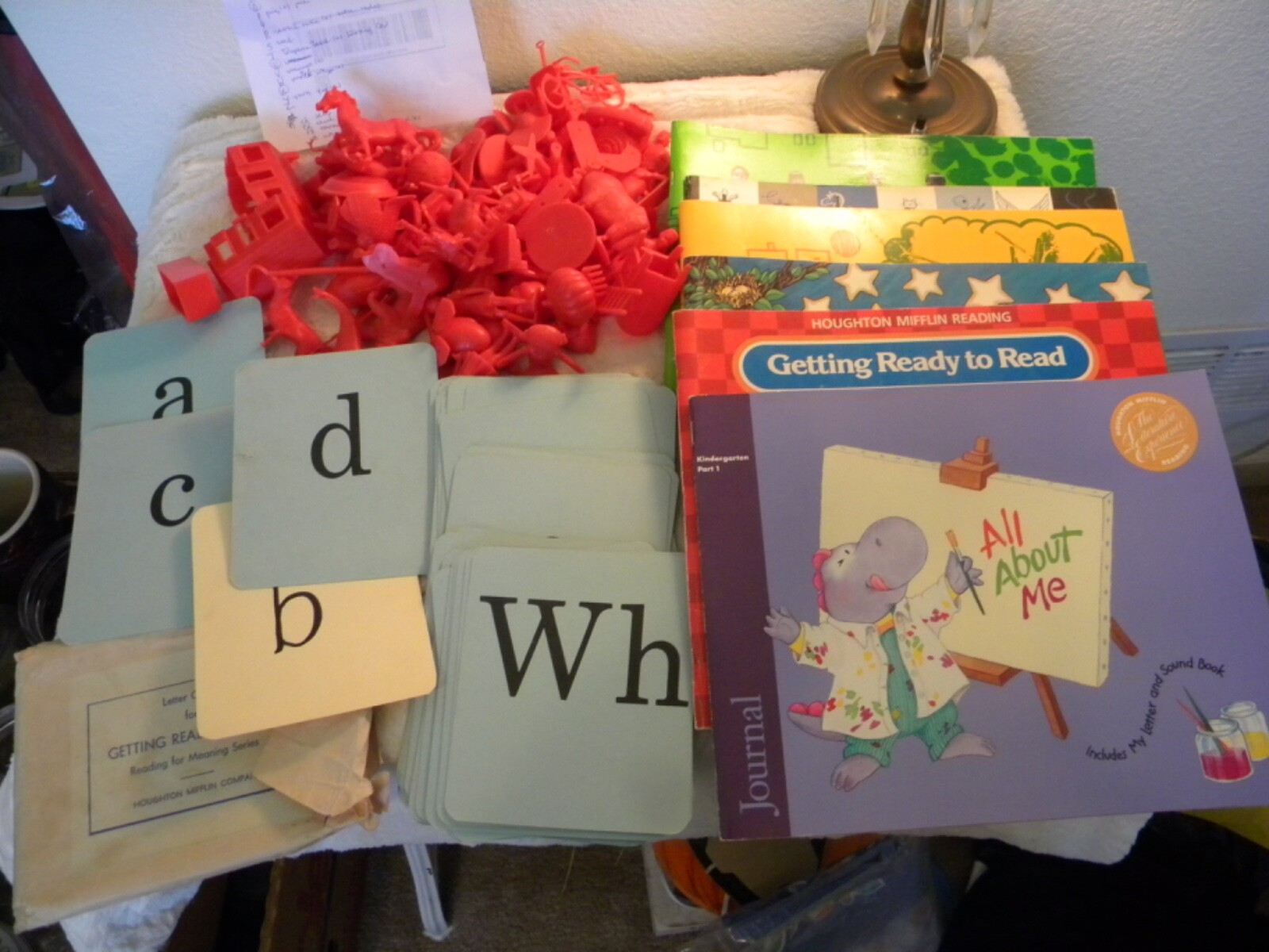 vintage Houghton Mifflin Getting Ready to Read 71 plastic toys, 6 wkbks, letters