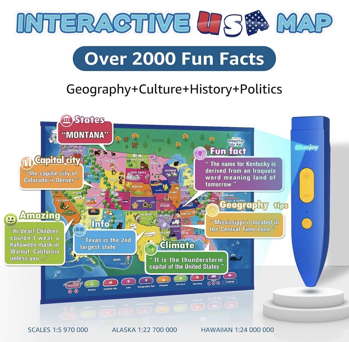 Qiaojoy Interactive World & USA Map Posters Set w/ Audio Pen, Ages 3+ Ret $69.99