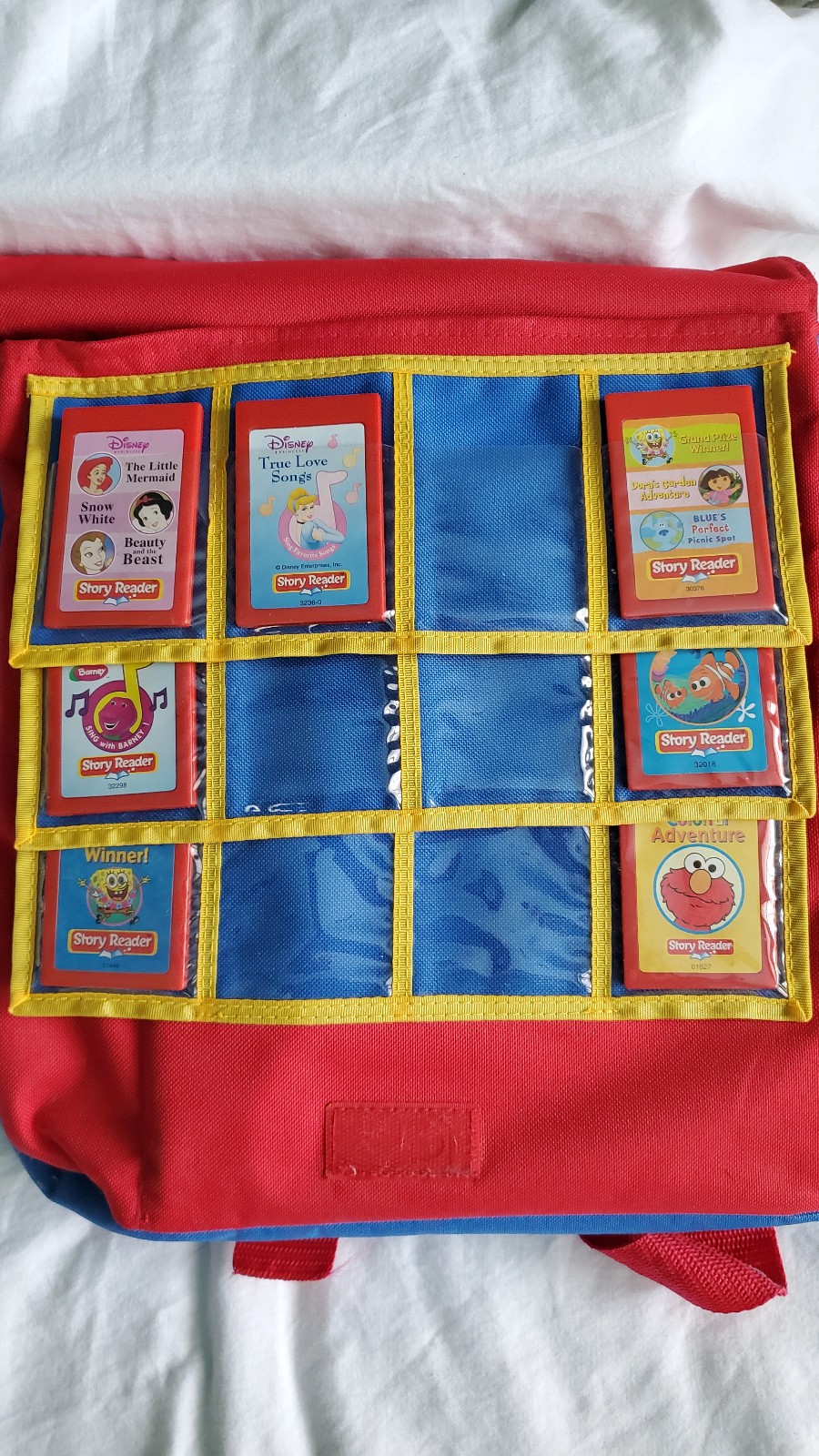 Story Reader System Lot-14 Books-7 Cartridges-Backback-Disney, SpongBob More