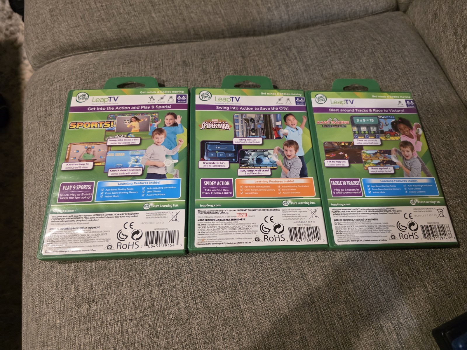 Lot Of 3 LeapFrog LeapTV Spider-Man, Kart Racing, Sports! Educational Games