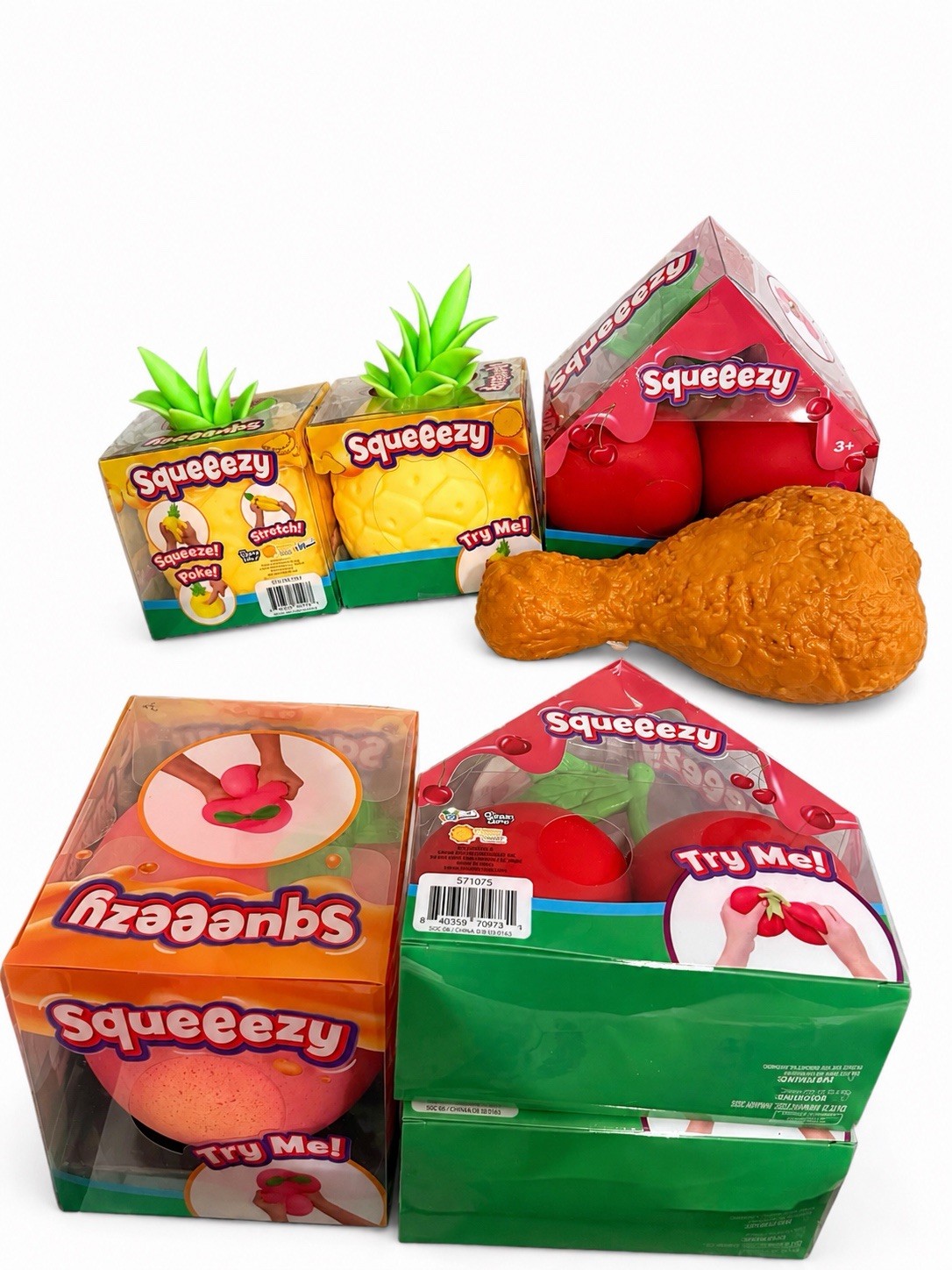 Squeeezy Multicolor Food Shape Squeeze Toy Lot Pineapple Apple Drumstick