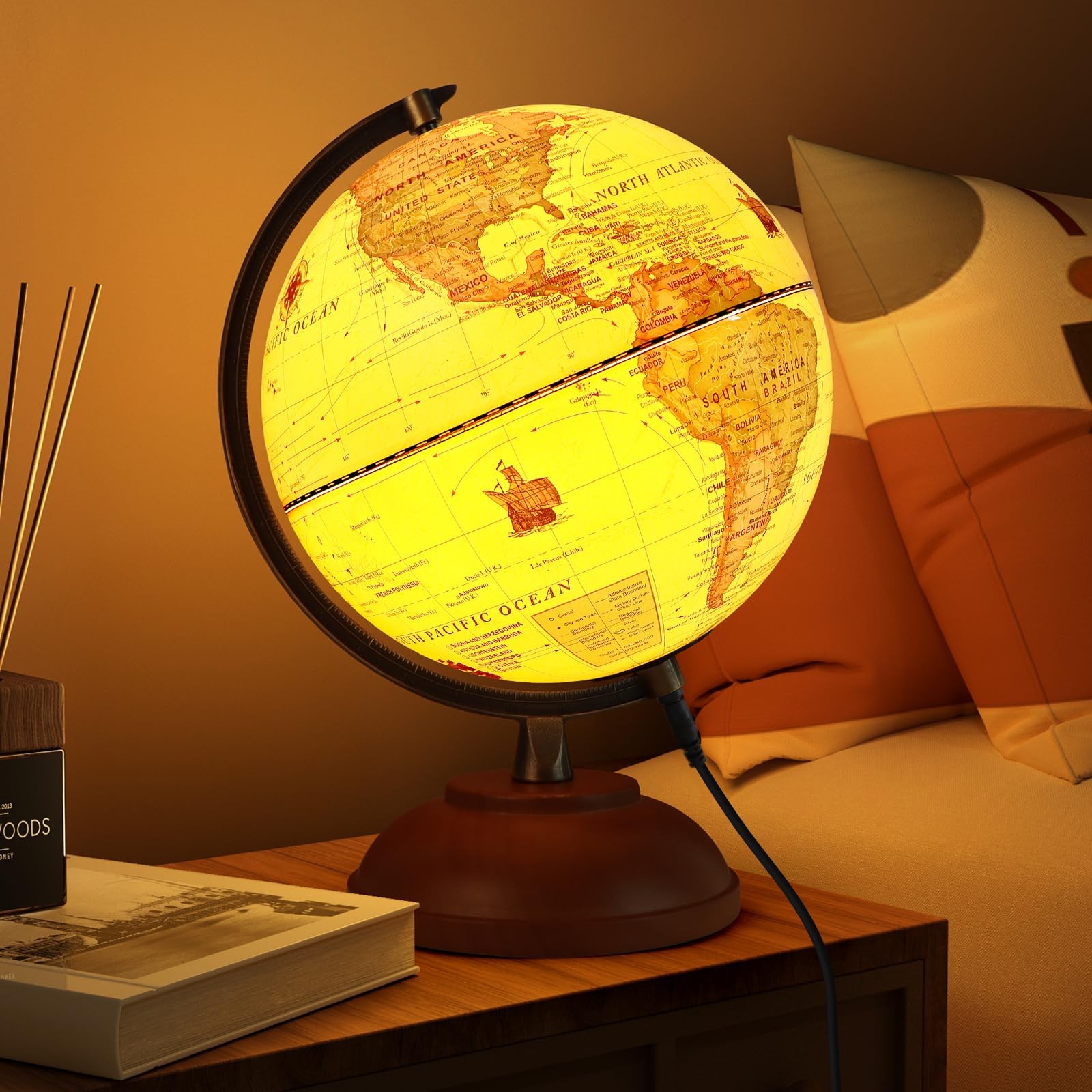 Illuminated World Globe with Wood Stand, 8” Vintage Globes 8 inch