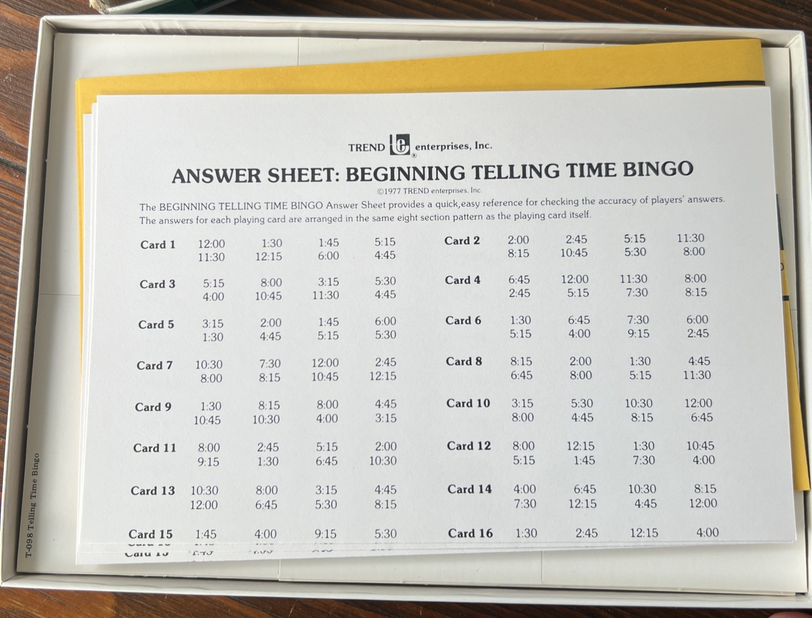NIOB Bingo Telling Time 2-36 Players Vintage TREND Beginning Educational Aid