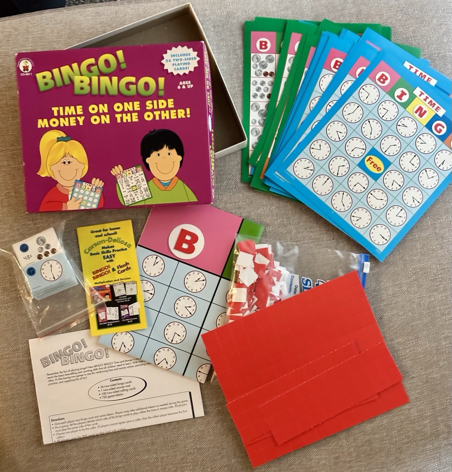VTG Carson Delosa Bingo Bingo Game!~ Telling Time One Side, Money Bingo On Back
