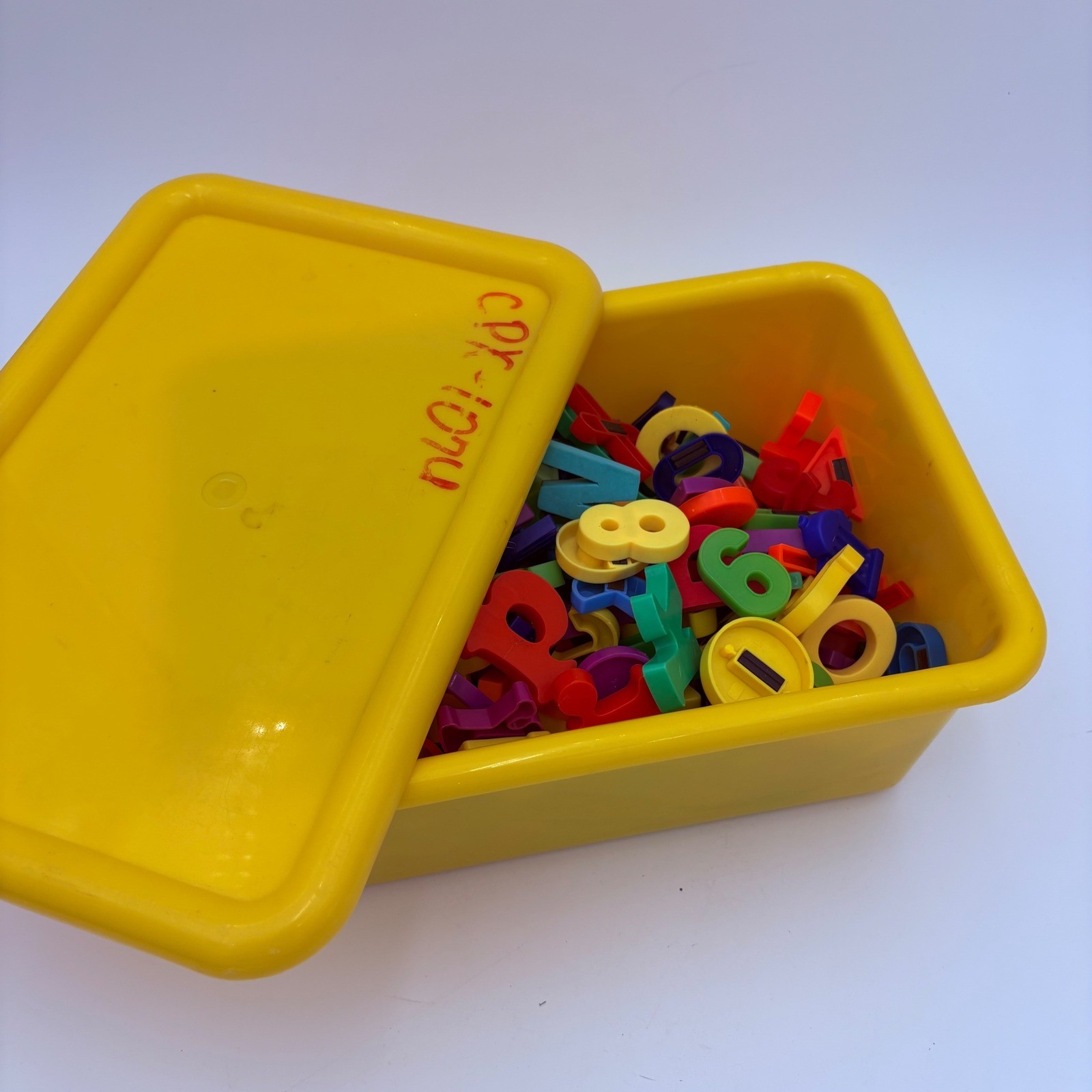Magnetic letters, numbers, symbols, huge lot, 3 lbs. in plastic bin plastic foam