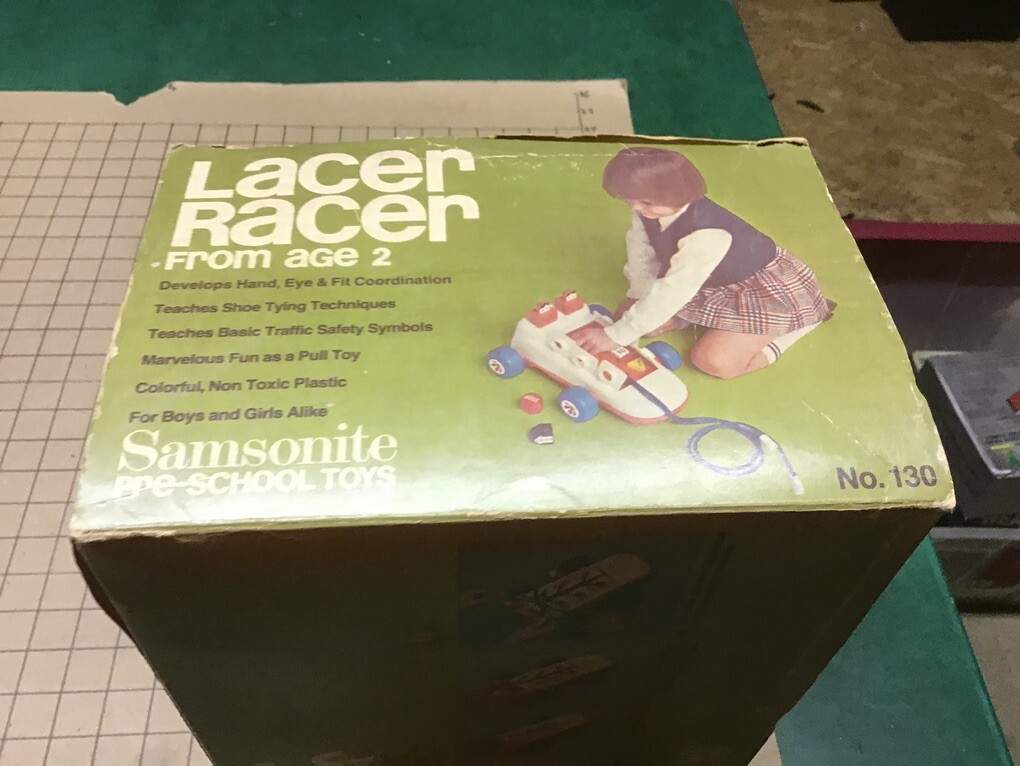 MINT UNUSED in box – scarce LACER RACER a shoe car w signs to learn shoe tying