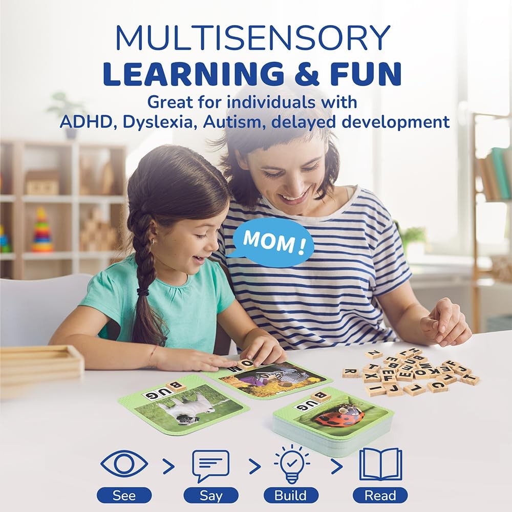 Spelling Games for Kids, 224 Flashcards 208 Wooden Letter Tiles, Ages 4-8