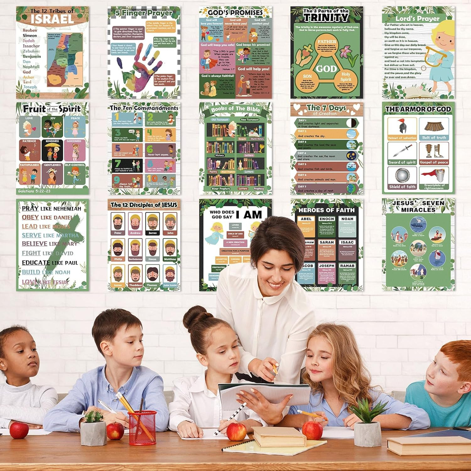15Pcs Bible Posters for Classroom Sunday School Wall Decor Greenery Christian Bo