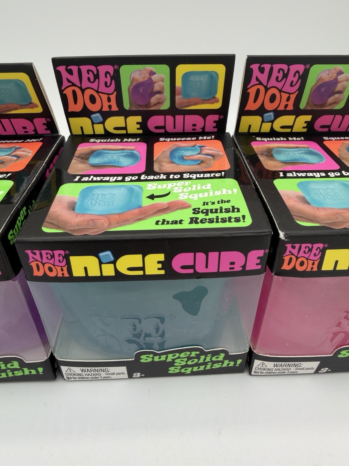 3 Schylling NeeDoh Nice Cube Super Solid Squish Squeeze Toys Pink Blue Purple