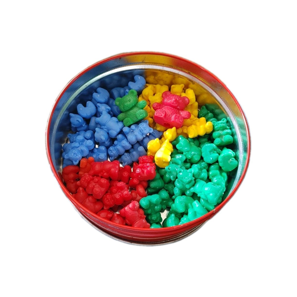 Plastic Counting Bears Sm Yellow, Green, Red, Blue Plus 2 LG Bears In Tin