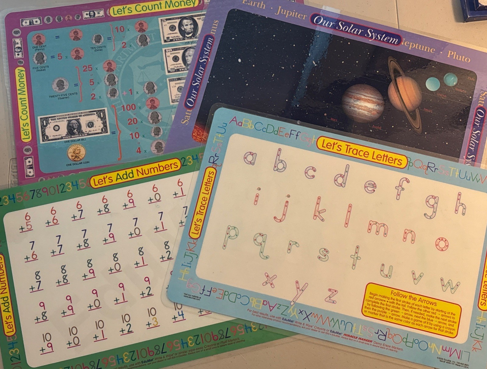 LOT of 4 Edumat Letters Numbers Solar System Money Children Learning Placemats